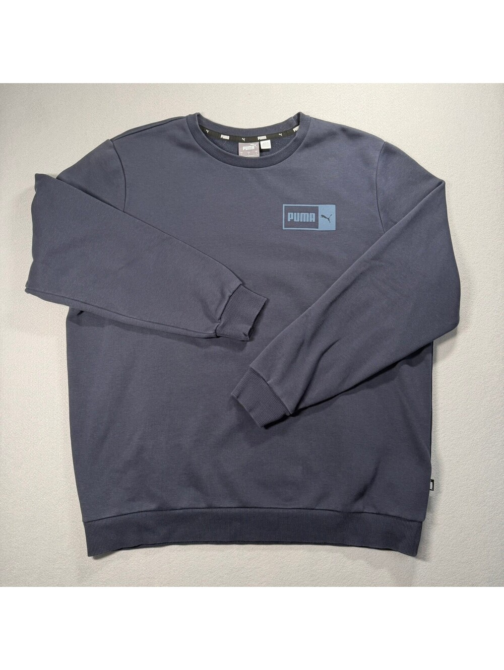 Puma Mens Large Navy Blue Crewneck Fleece Sweatshirt Box Logo Pullover Athletic